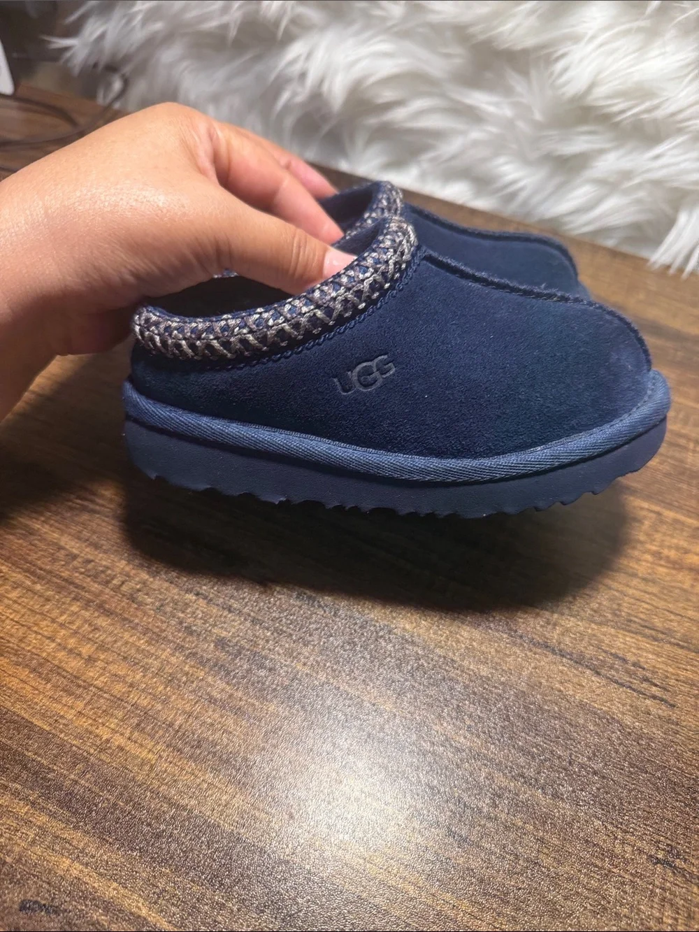 UGG Navy Blue Kids Suede Shearling Slippers